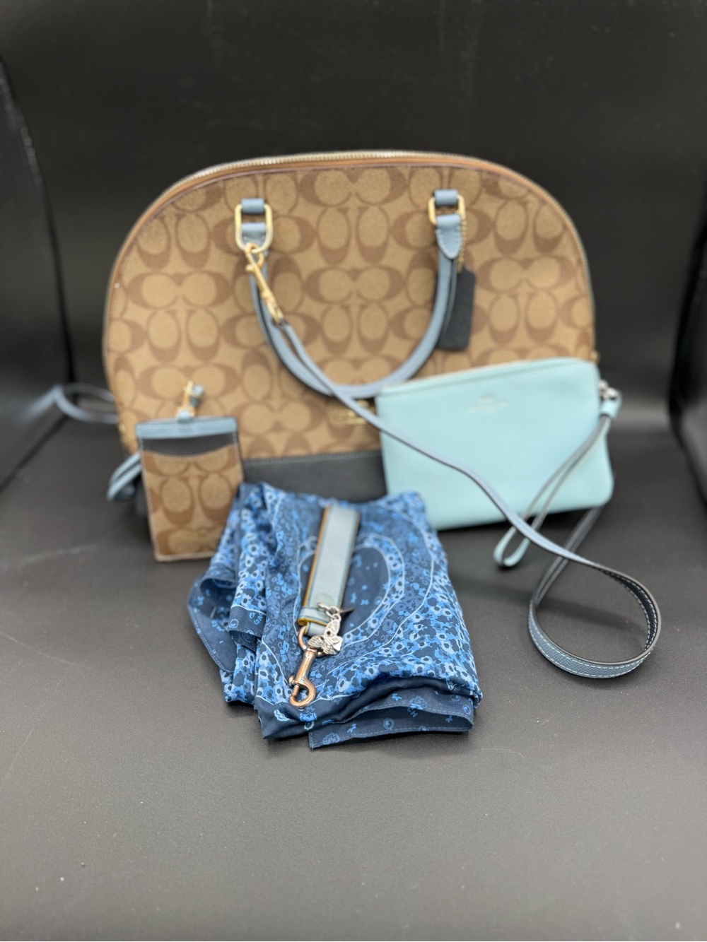 Coach Brown Signature Dome Satchel with Light Blue Trim and Accessories